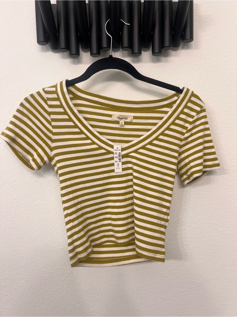 Madewell Olive & White Striped V-Neck Ribbed Crop Top